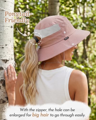 2-in-1 Womens Bucket Sun Hats, Sun Visor Hat, UPF 50+ Wide Brim, Ponytail-Friendly, Packable, Hiking Outdoor - color: Pink
