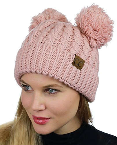 C.C 2 Ear Pom Pom Cable Knit Soft Stretch Cuff Skully Beanie Hat - color: Indi Pink