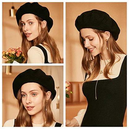 Womens Winter Beret Hat Knitted Beanie Cap Autumn Winter Hat French Classic Beret - color: Black