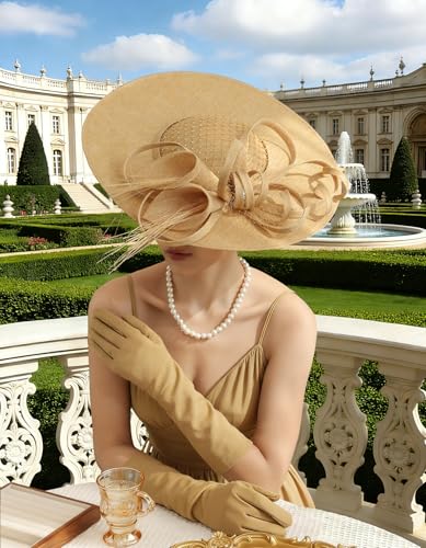 Unpifolov Fascinators Hats Elegant Women Flower Mesh Feathers Wedding Cocktail Bride Headband for Derby Hat Tea Party - color: Khaki