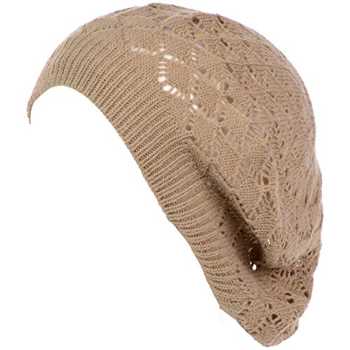 an Womens Crochet Hat Flower Beanie Beret Fashion Accessory Lightweight Knit Cap - color: 5120-dkbeige