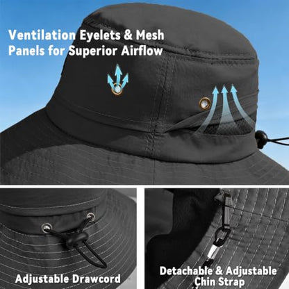 ZOORON Sun Bucket Hats for Women Men UPF 50+Packable Fishing Hats Quick Dry Waterproof Hiking Hat with Detachable Chin Strap - color: 1pack-black