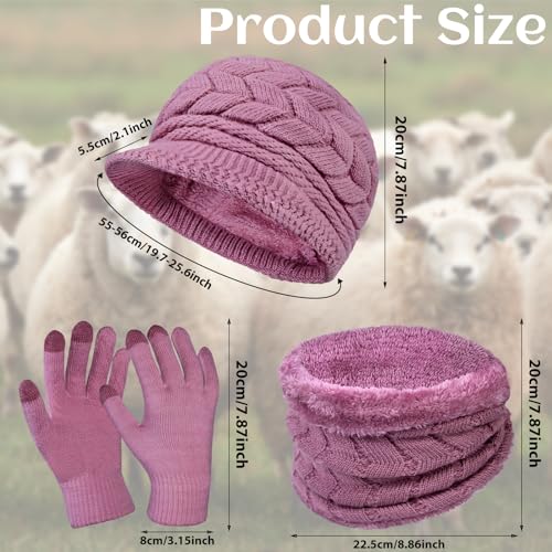 Loritta 3 in 1 Womens Winter Hat Gloves Scarf Set, Warm Hat Mittens - color: Purple