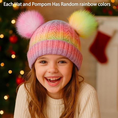 Girls Rainbow Pom Pom Beanies Hats Winter Knit Fleece Lined Beanie Hat for Kids Outdoor Snow Ski Skull Cap Age 7-12 - color: Pompom-multi Rainbow(fleece Lined)