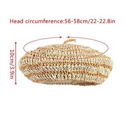 Women Summer Straw Woven Sunhat Classic Beret Artist Painter Sun Hat Cap - color: Stripes Khaki
