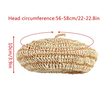 Women Summer Straw Woven Sunhat Classic Beret Artist Painter Sun Hat Cap - color: Stripes Khaki