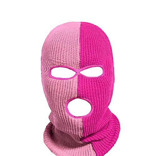 3-Hole Two Color Knitted Hat Ski Mask Balaclava, Full Face Mask for Cycling/Skiing Winter Outdoor Sports - color: Pink+rosered