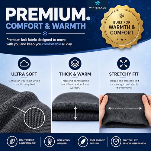 Thick Winter Beanie for Men Women Stretchy Thermal Knit Premium Cuffed Hat Skull Cap Toboggan - color: Black