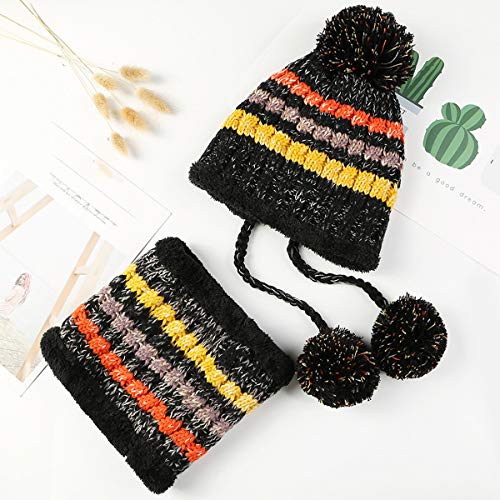 HUAMULAN Women Winter Knit Beanie Hat Circle Scarf Set Pompoms Ear Flaps - color: Black