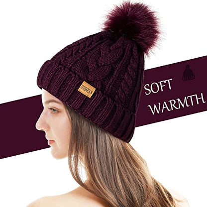 REDESS Women Winter Pompom Beanie Hat with Warm Fleece Lined Thick Slouchy Snow Knit Hat Skull Ski Cap - color: Dark Purple