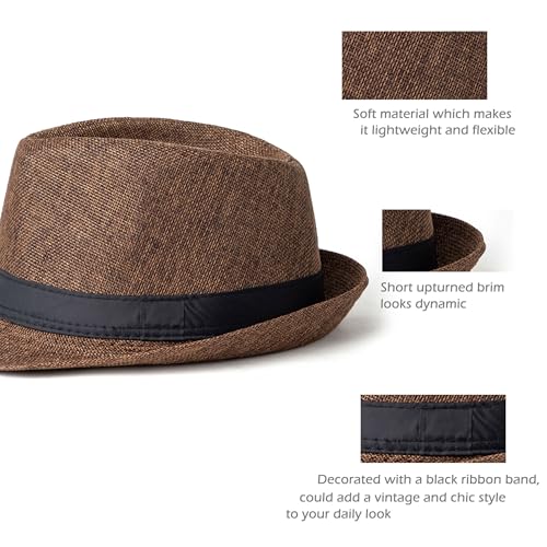Classic Short Brim Fedora Summer Beach Trilby Hat - color: Black Band-coffee