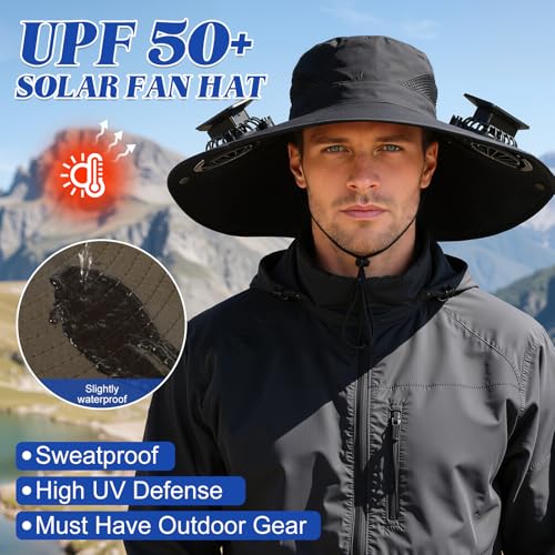 Hat with Fans Solar Power, UPF 50+ Wide Brim Sun Hat, Fishing Essentials for Hiking Beach Summer Safari - color: Camouflage Gray