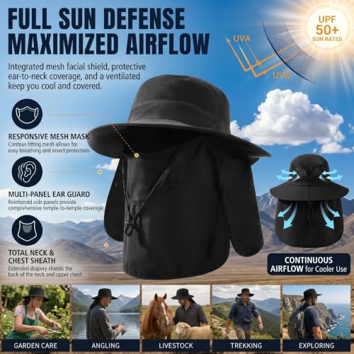 Men's Sun Hat Fishing Hat Boonie Hat UPF 50+ Wide Brim Outdoor Work Hat with Breathable Mesh and Chin Strap for Outwork - color: Black