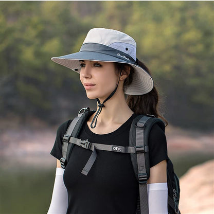 IYEBRAO 2 Pack Womens Ponytail Sun Hat UV Protection Bucket Hats Foldable Wide Brim Summer Boonie Beach Cap Fishing Hiking… - color: Beige & Sky Blue
