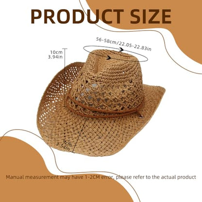 Women/Men Straw Cowboy Hat Wide Brim Sun Beach Cowgirl Hat Summer Western Cowboy for Travel Outdoor Family - color: Khaki