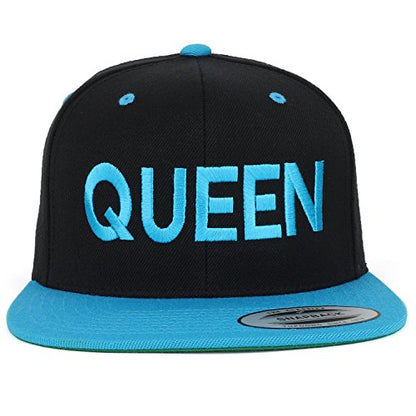 Trendy Apparel Shop Queen Embroidered Flat Bill 2-Tone Ball Cap - color: Black Teal