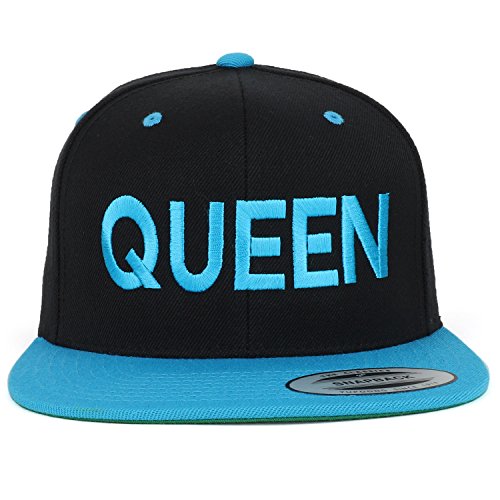 Trendy Apparel Shop Queen Embroidered Flat Bill 2-Tone Ball Cap - color: Black Teal