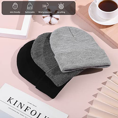 Cooraby 3 Pack Unisex Winter Skull Cap Beanies Knitted Cuff Hats Caps Roll-up Edge Beanie Hats for Men Women Outdoors - color: Black, Heather Grey, Light Grey