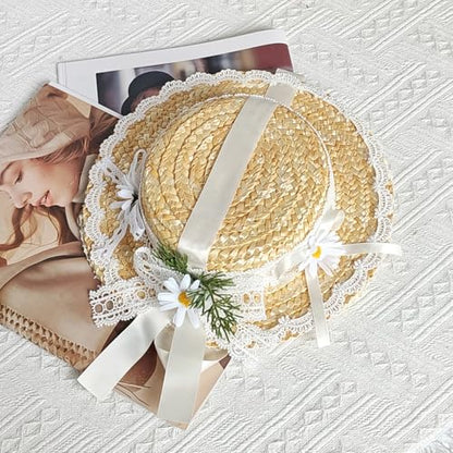 Victorian Tea Party Sun Hat, Wide Brim Straw Flat Cap - color: White