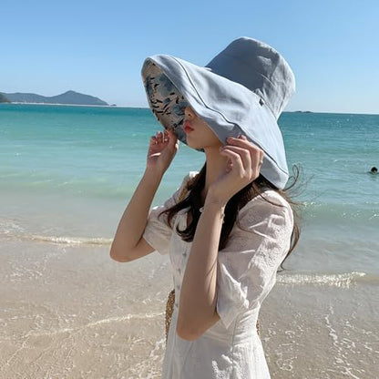 Women Bohemian Reversible Sun Hat Wide Brim Fishing Hats - color: Blue Boho Print