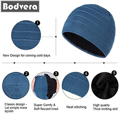 Mens Winter Beanie Hat Warm Knit Cuffed Plain Toboggan Ski Skull Cap (3 Patterns) - color: C4-blue
