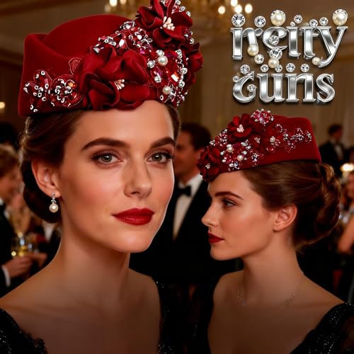 Petaluna Women's Flower Beret Suitable for Church Wearing Elegant Breathable Wedding Party Retro French Headdress - color: Red