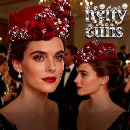 Petaluna Women's Flower Beret Suitable for Church Wearing Elegant Breathable Wedding Party Retro French Headdress - color: Red