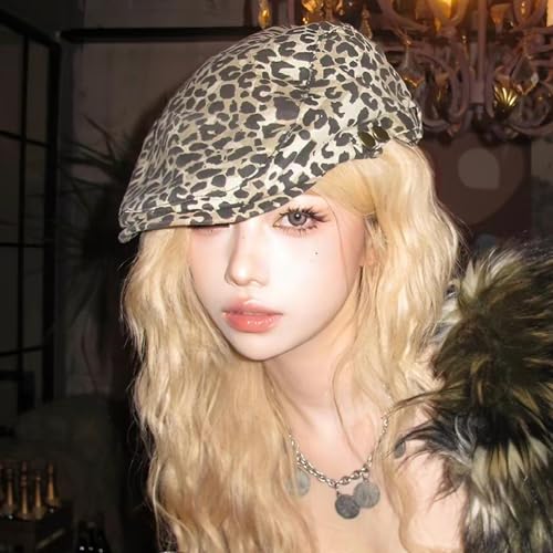 Retro Leopard Beret Cap 20s-Gatsby Fashion Cows Newsboy Caps Cotton Blend Ivy Flat Cabbie Hat Medium - color: Khaki-leopard-nb
