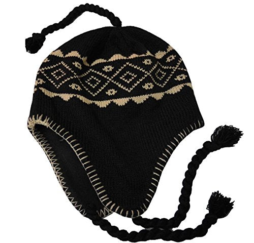 Nayt Men's Peruvian Helmet Style Earflap Strings Beanie Knit Hat - color: Black Khaki