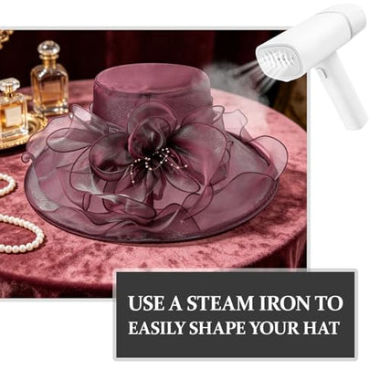 AQOKKA Women Organza Church Fascinators Kentucky Derby Hats for Women and Girls Wedding Flower Tea Party Hat with Wide Brim - color: Burgundy