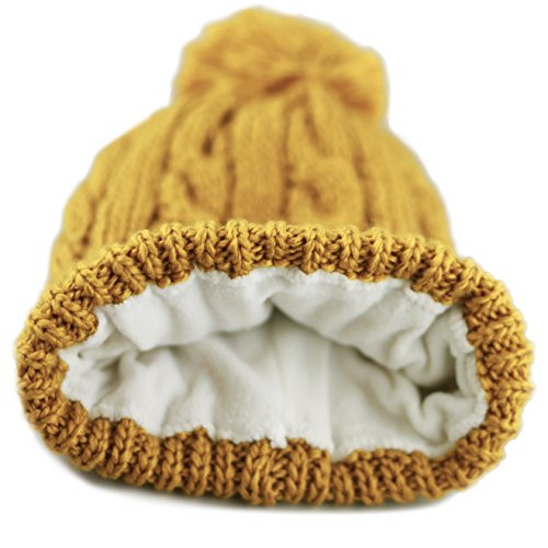 Women and Men Beanie Daily Winter Oversized Thick Stretchy Knitted Pom Pom Beanie Fleece Lined Beanie Hat - color: 1. Curly Mustard W/ Label