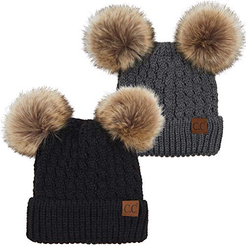 Funky Junque Women’s Double Pom Pom Beanie – Soft Knit Winter Hat for Women & Teens, Warm Cuffed Beanie with Faux Fur Poms - color: 2 Pack: Black & Charcoal (Natural Faux Fur Pom), size: Small-X-Large