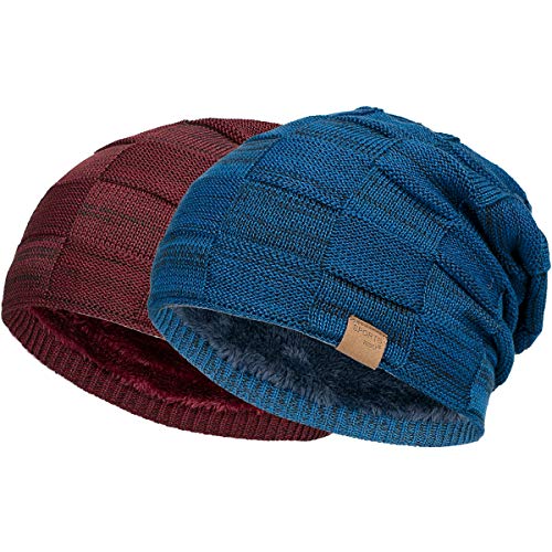 Vgogfly Slouchy Beanie for Men Winter Hats for Guys Cool Beanies Mens Lined Knit Warm Thick Skully Stocking Binie Hat Pairs - color: Blue / Wine Red