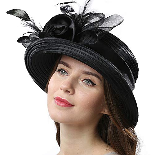 Women Vintage Roll Brim Bowler Cloche Hat for Derby Day, Church, Wedding, Party, Formal Occasion - color: Black