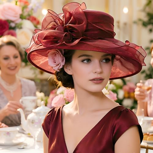 DRESHOW Women Organza Hat Church Cap Hats Clearance Kentucky Derby Cocktail Tea Party Wedding Flower Hat with Wide Brim - color: Bow Hat: Burgundy