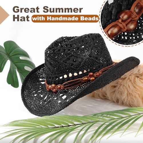AQOKKA Straw Cowboy Hats for Women Men Western Cowgirl Hats with Shapeable Brim Woven Hollow Out Unisex Beach Roll Up Caps - color: Black Beads Cowboy Hat