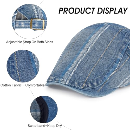 3Pcs Men's Newsboy Caps Cotton Cooling Hat Adjustable Flat Cap for Men - color: Denim H-darkblue+mediumblue+lightblue