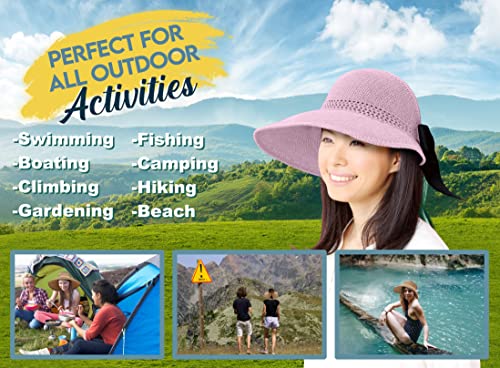 Straw Sun Visor for Women, Wide Brim UPF 50+ Protection Beach Hat, Adjustable, Roll Up Foldable Ponytail Cap with Chin Strap - color: A Light Pink