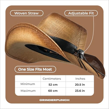 grinderPUNCH Straw Cowboy Hat for Men Women Western Cowgirl Outback Sun Hat - color: Classic Brown