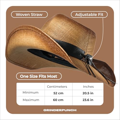 grinderPUNCH Straw Cowboy Hat for Men Women Western Cowgirl Outback Sun Hat - color: Classic Brown