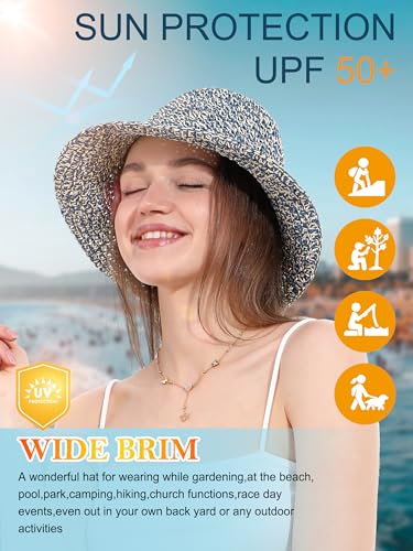 sy soul young Women's Straw Sunhat Wide Brim Hand Woven Beach Bucket Hat - color: Beige & Blue