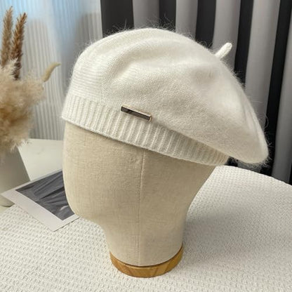 Yanmucy Beret Hat Women Girl, Fluffy Knitted French Beret Warm Classic Beanie Hats Cap for Ladies Men Winter Autumn - color: White