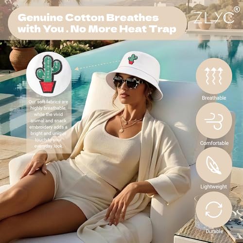 ZLYC Cotton Bucket Hat for Women Men Embroidered Packable Summer Sun Cap - color: Cactus White