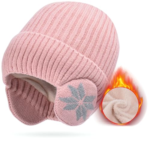 Knit Beanie Hat with Earflaps – Winter Warm Thick Fleece Lined Ski Skull Cap for Men Women - color: Pink