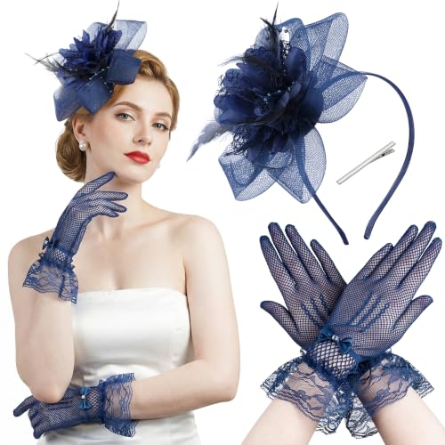 Fascinators Hats with Lace Gloves for Women Headband for Tea Party Wedding - color: Navy Blue