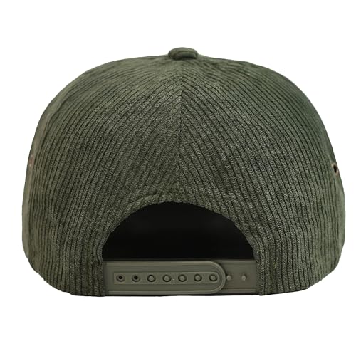 7 Panel Corduroy Cap – Structured Cotton Snapback Flat Bill Adjustable Unisex Streetwear Hat - color: Olive