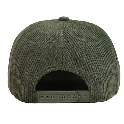 7 Panel Corduroy Cap – Structured Cotton Snapback Flat Bill Adjustable Unisex Streetwear Hat - color: Olive