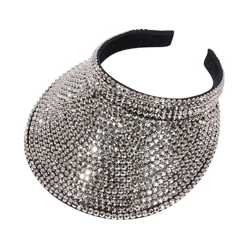 Haoohu Shiny Rhinestones Clip On Sport Sun Visor Hat for Women Men Outdoor Adjustable Wide Brim Summer Cap - color: Silver Gray