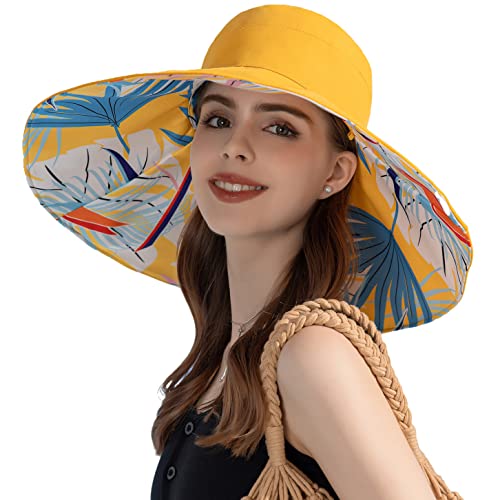 HUAMULAN Wide Brim Women Summer Sun Floppy Hat Reversible Beach Bucket Hat - color: Bg8240-yellow