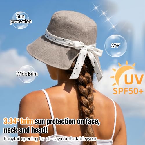 Babalet Linen Blend Sun Hat for Women Wide Brim Beach Bucket Hat - color: Lightgrey- Ponytail Opening